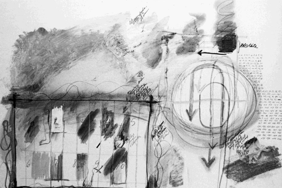 Wolf Vostell, „F/G/H Happeningpartitur zu In Ulm, um Ulm und um Ulm herum“, 50x65 cm, Sammlung Berlin, Foto: Copyright Jurgen Muller-Schneck, Berlin Bei Veroffentlichung Beleg und Honorar an 1 Berlin 30, Blumenthalstrasse 17, Telefon 134617, Galerie René 